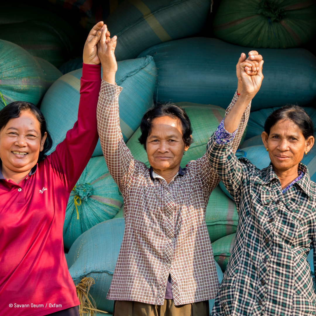 3 Cambodian women living from agriculture raise their arms in front of their harvest
