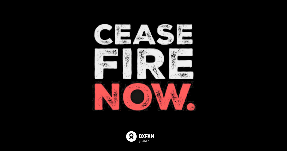 Text on black background indicating "Cease fire now"